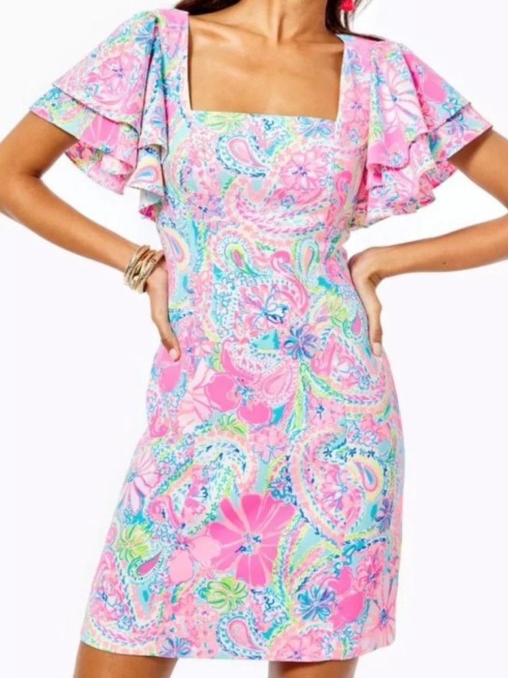 Lilly Pulitzer Anniston Stretch Dress Floral Pink Multi Ruffle Sleeve Size 0
